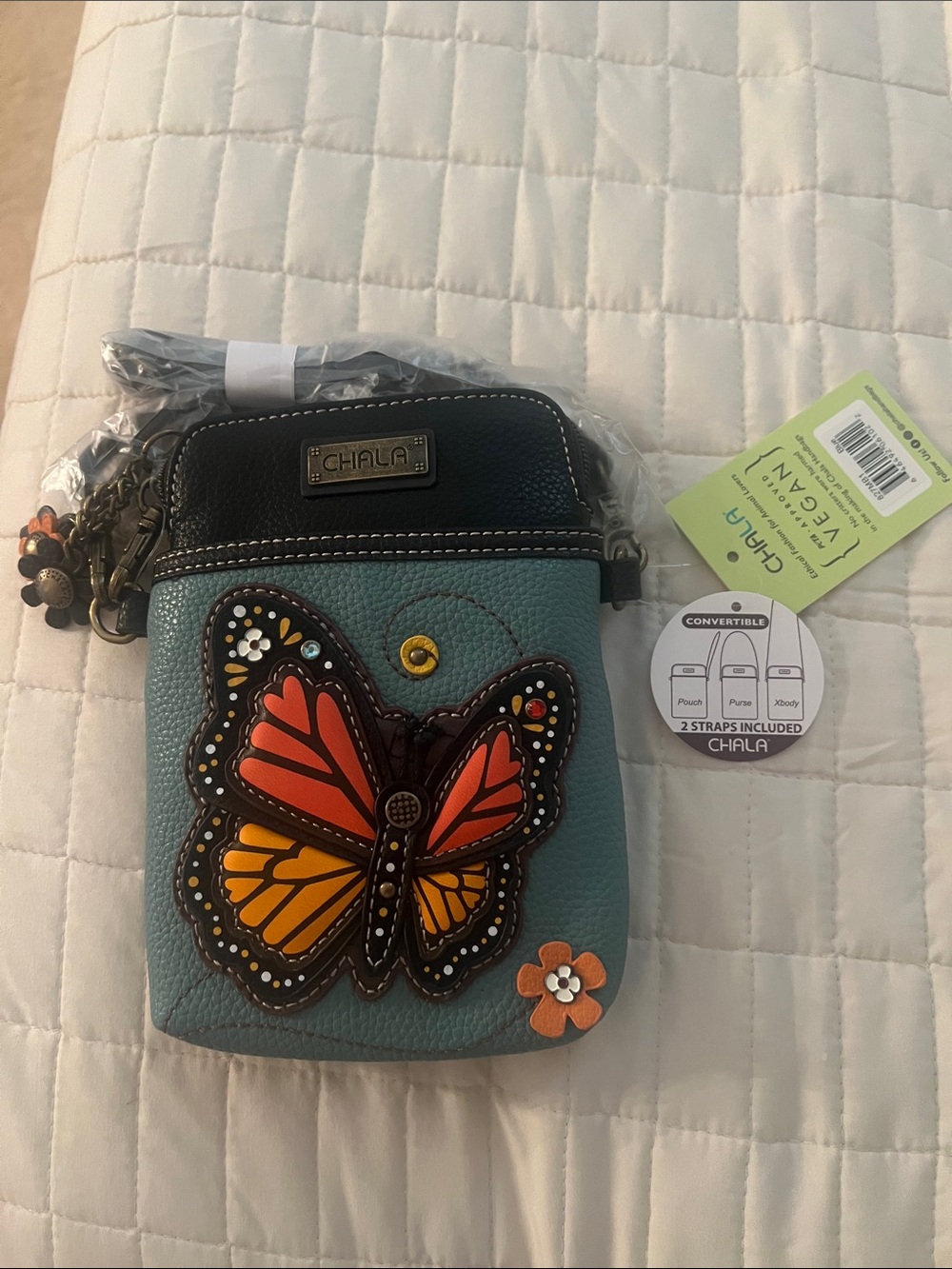 Chala Teal Mini Crossbody with Orange and Yellow Butterfly Applique
